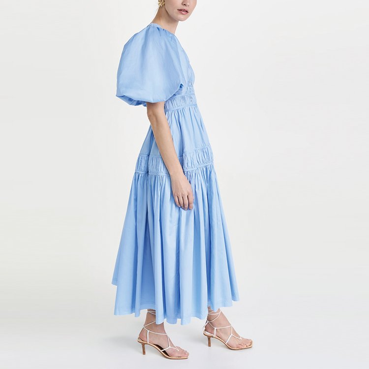 Midi ladies V-neck fashion dress custom puff sleeve smocking waist side pockets detail women casual dresses