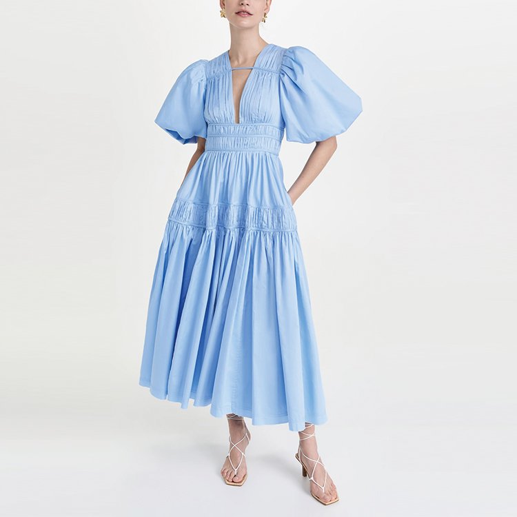 Midi ladies V-neck fashion dress custom puff sleeve smocking waist side pockets detail women casual dresses