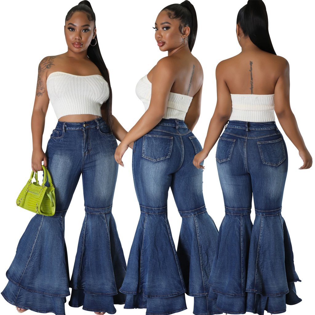 H7440 women new stylish ruffles flared jeans pants