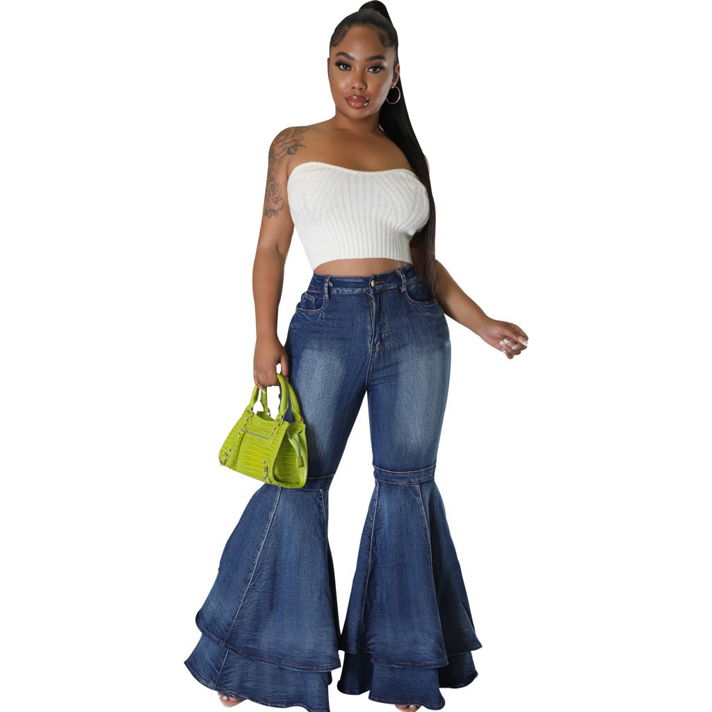 H7440 women new stylish ruffles flared jeans pants