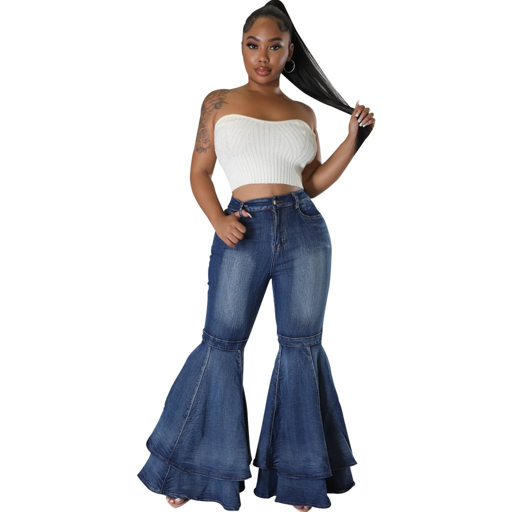 H7440 women new stylish ruffles flared jeans pants