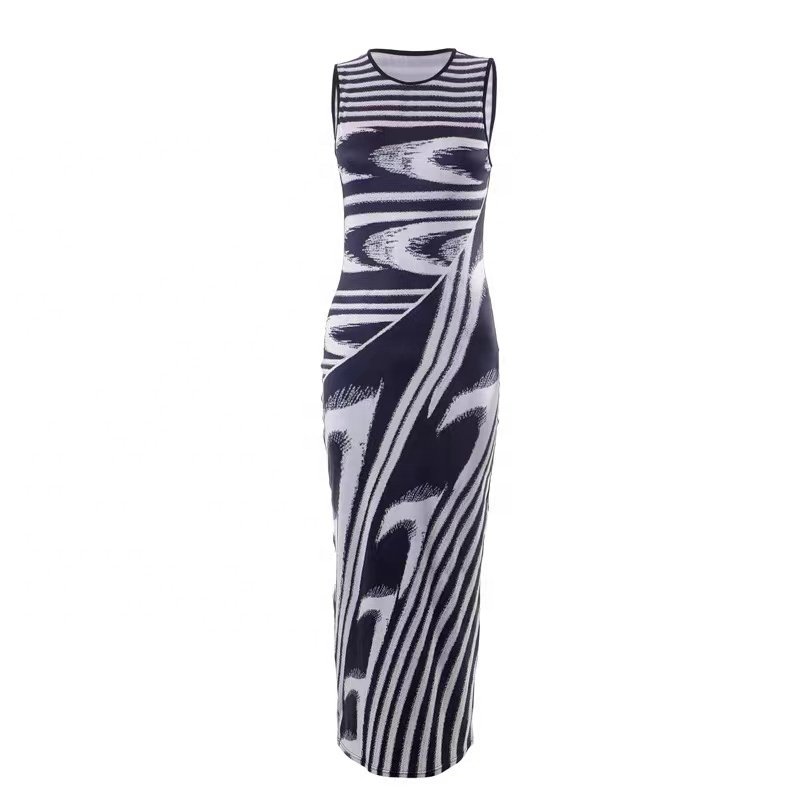 2023 INSTOCK Aesthetics Print O-neck Sleeveless Maxi Dresses for Women Spring Vacation Outfits Streetwear