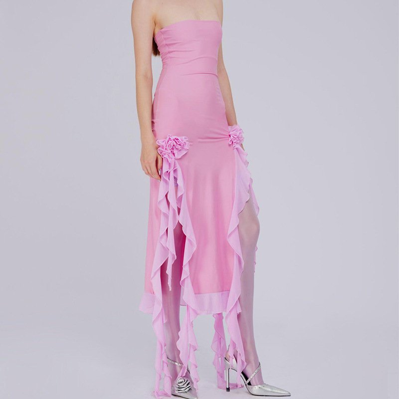 Fashion Female Wrap Strapless Skirt Flower Slit Irregular Wedding Dress Ball Gown Strapless Casual Dresses Women Lady Elegant