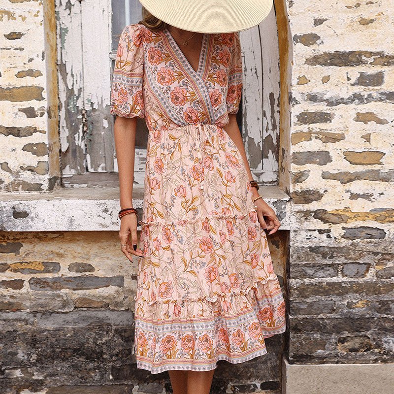 Ladies Vintage Wear Bohemian Beach Dress Fashion Pink Flower Printed Vestidos Clothing Women Summer Boho Floral Casual Dress
