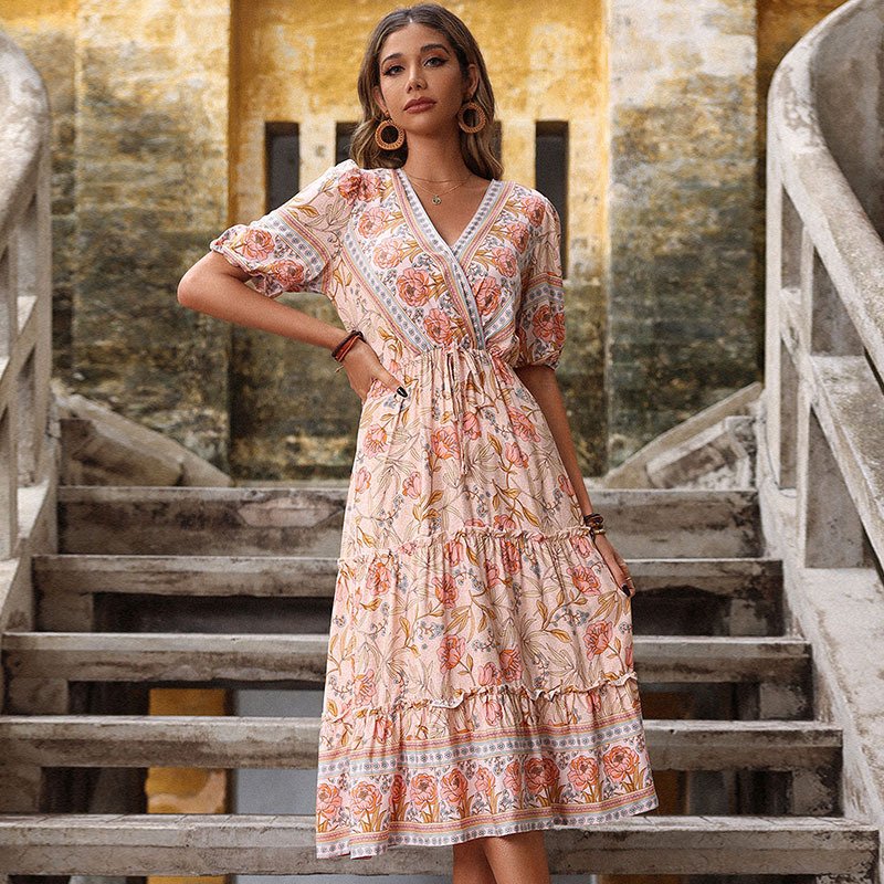 Ladies Vintage Wear Bohemian Beach Dress Fashion Pink Flower Printed Vestidos Clothing Women Summer Boho Floral Casual Dress