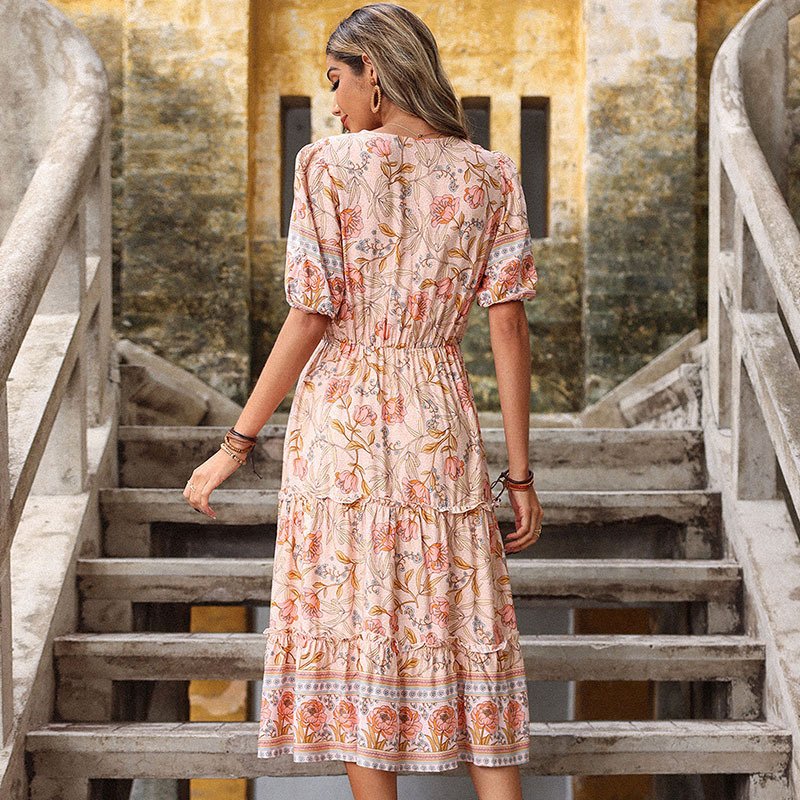 Ladies Vintage Wear Bohemian Beach Dress Fashion Pink Flower Printed Vestidos Clothing Women Summer Boho Floral Casual Dress