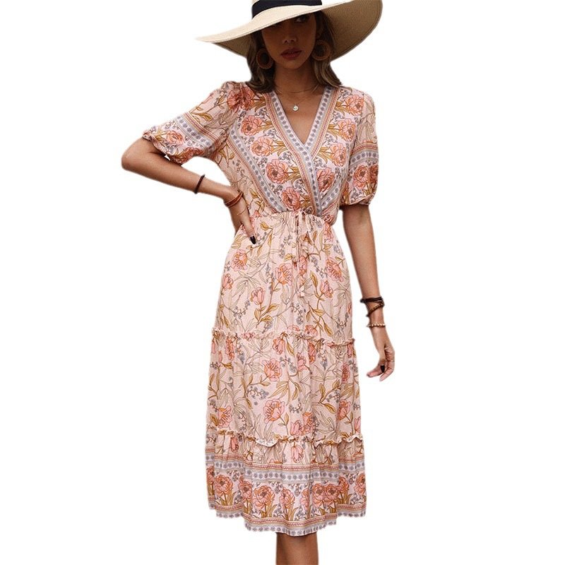 Ladies Vintage Wear Bohemian Beach Dress Fashion Pink Flower Printed Vestidos Clothing Women Summer Boho Floral Casual Dress
