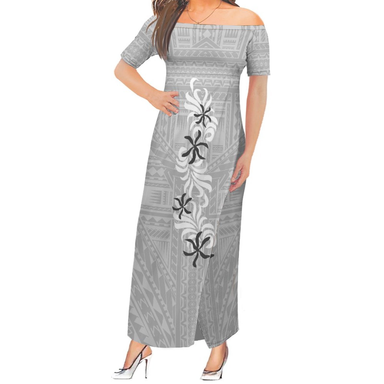 Wholesale Tonga Samoan Hawaiian Polynesian Tattoo Dresses Women Grey Slit Prom Dresses Off Shoulder Plus Size Casual Dress