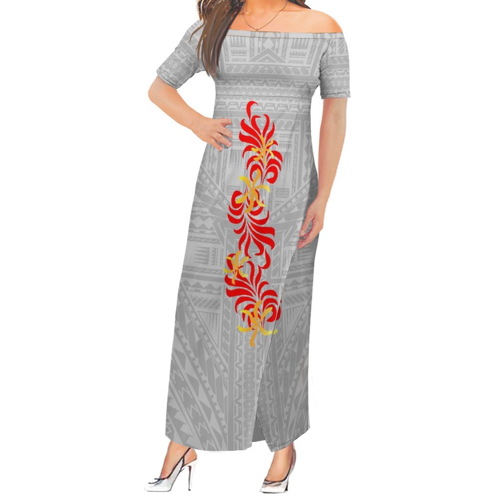 Wholesale Tonga Samoan Hawaiian Polynesian Tattoo Dresses Women Grey Slit Prom Dresses Off Shoulder Plus Size Casual Dress