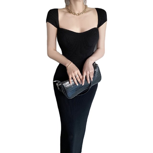 2024 Summer Black Temperament Long evening Dress Square Neck Knitted Waist Wrap Hip Dress Women's Solid Short Sleeve Dress