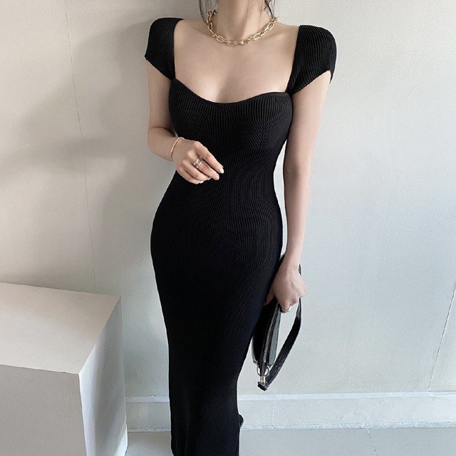 2024 Summer Black Temperament Long evening Dress Square Neck Knitted Waist Wrap Hip Dress Women's Solid Short Sleeve Dress