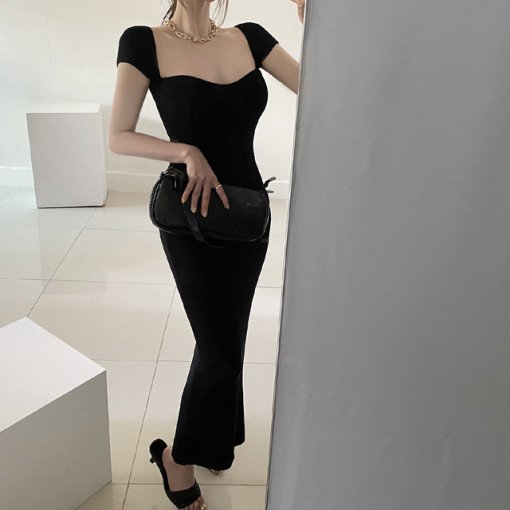 2024 Summer Black Temperament Long evening Dress Square Neck Knitted Waist Wrap Hip Dress Women's Solid Short Sleeve Dress