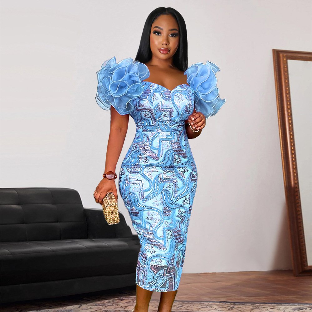 Spring Summer 2023 Women Party Strapless Dresses Fashion Sexy Off Shoulder Blue Casual A-Line Dress