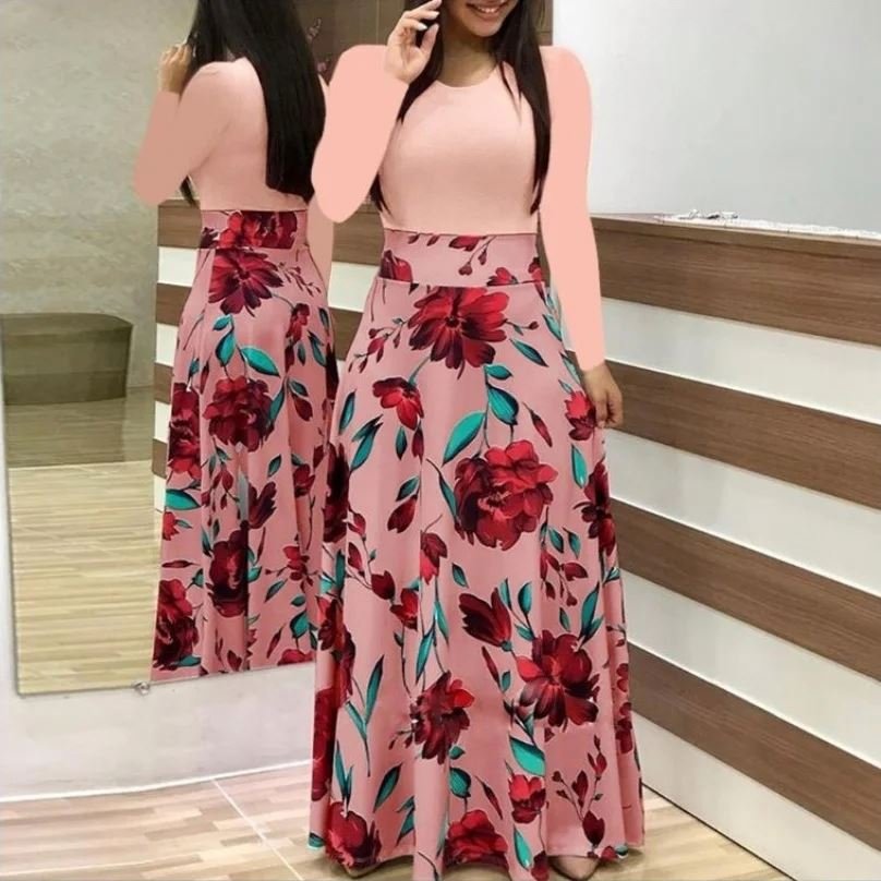 Dot Patchwork Elegant Party Floral Maxi Dress Ladies Summer Casual Dress Fashion Women Dress J0117