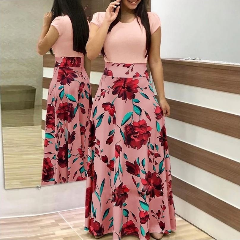 Dot Patchwork Elegant Party Floral Maxi Dress Ladies Summer Casual Dress Fashion Women Dress J0117