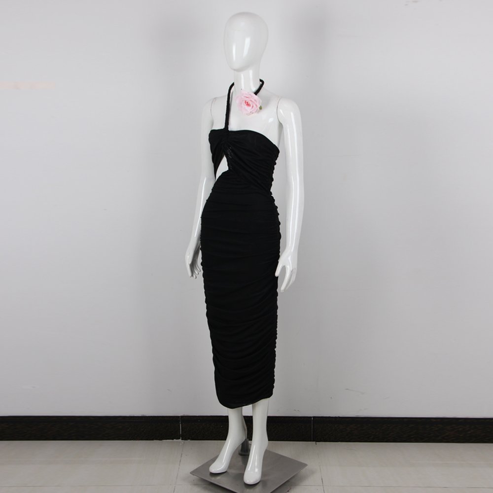 New Arrival Women Elegant Ladies Dresses Hollow-out 3D Flower Halter Ruffle Mesh Dress