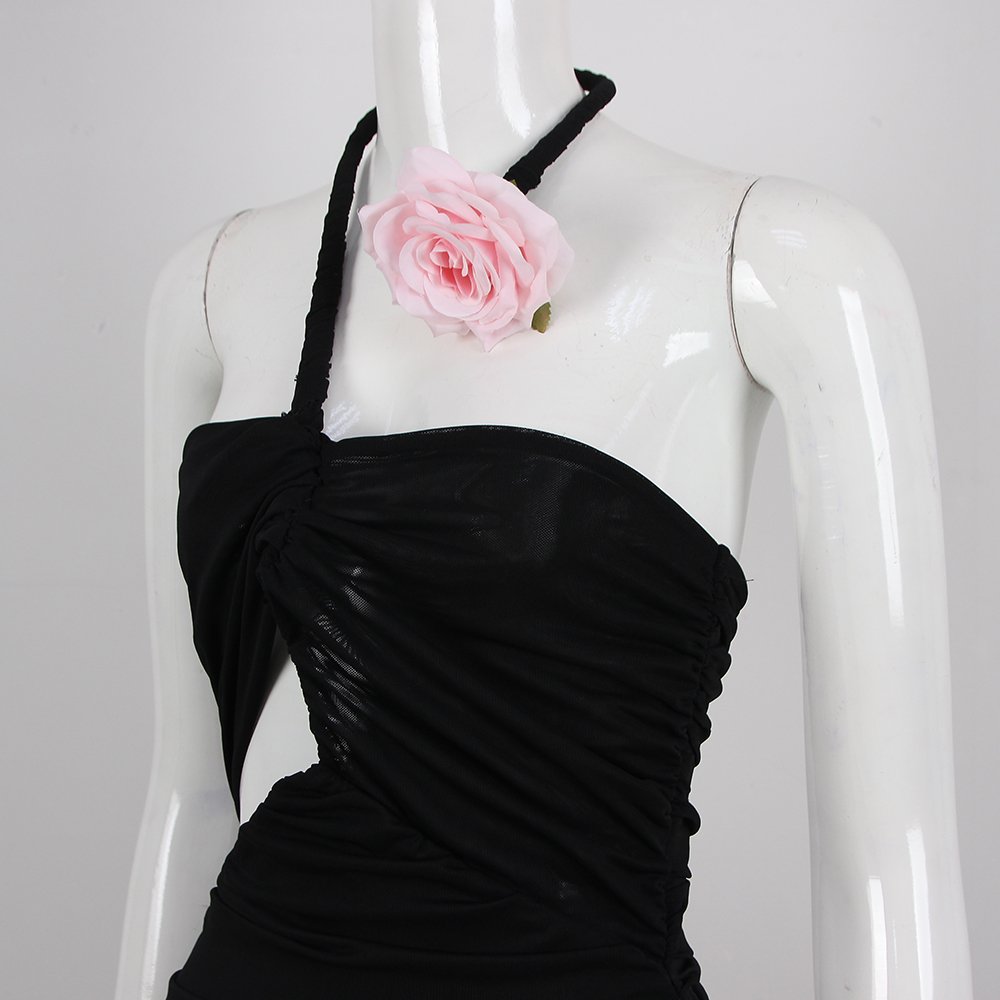 New Arrival Women Elegant Ladies Dresses Hollow-out 3D Flower Halter Ruffle Mesh Dress