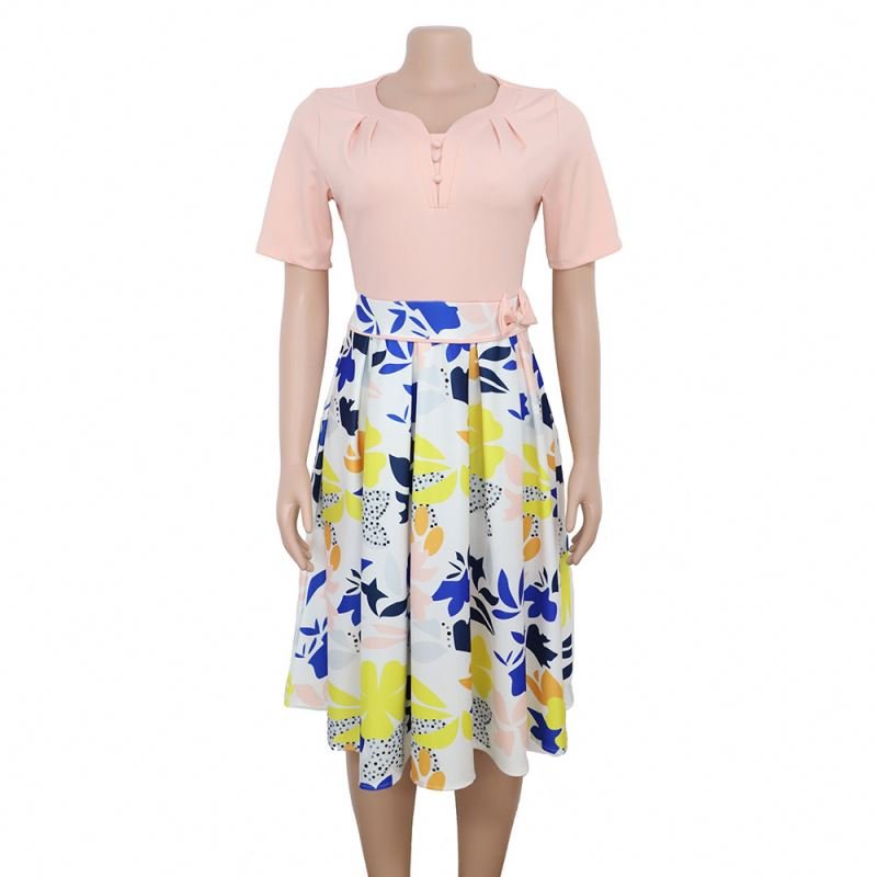 3 Colors Africa Women Summer Dresses Short Sleeve Floral Printed A-line Midi Length Office Lady Casual Dress