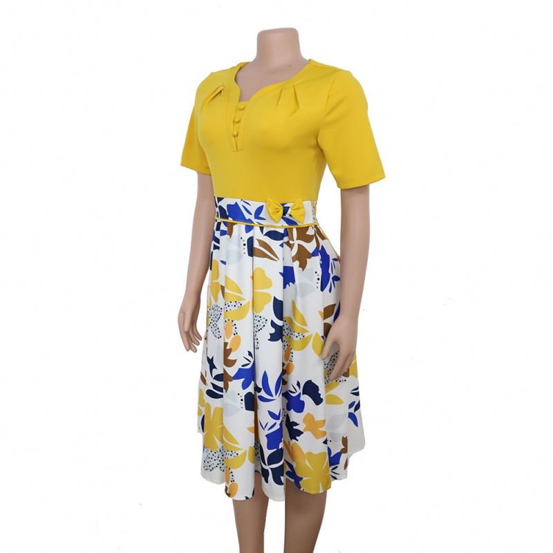 3 Colors Africa Women Summer Dresses Short Sleeve Floral Printed A-line Midi Length Office Lady Casual Dress