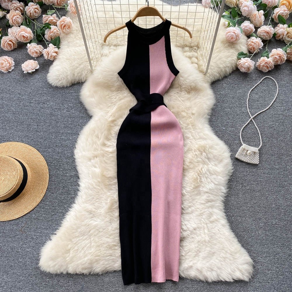 2024 New Office Lady Sleeveless O-Neck Solid Dress Summer Simple Knitting High Waist Maxi Dress Acrylic Casual Dress For Women