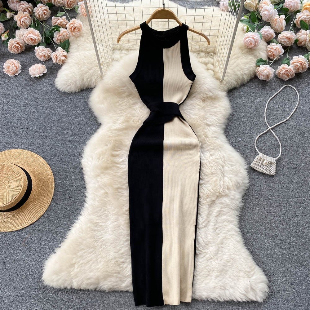 2024 New Office Lady Sleeveless O-Neck Solid Dress Summer Simple Knitting High Waist Maxi Dress Acrylic Casual Dress For Women