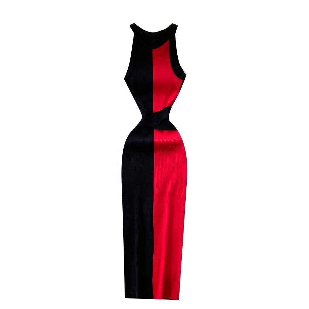 2024 New Office Lady Sleeveless O-Neck Solid Dress Summer Simple Knitting High Waist Maxi Dress Acrylic Casual Dress For Women