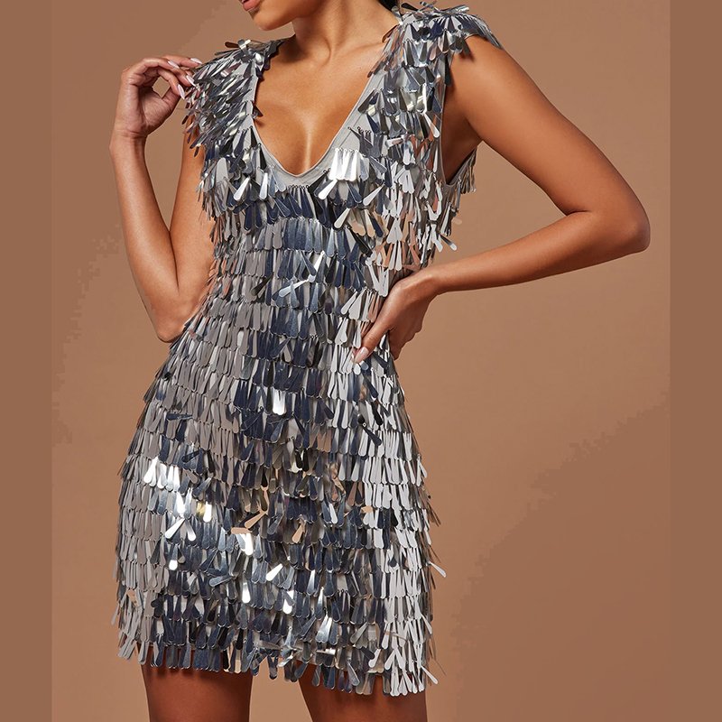 Custom Women's Dress Sequined Design Cap Sleeve V-neck Sequin Dress Party Cocktail Dress For Ladies