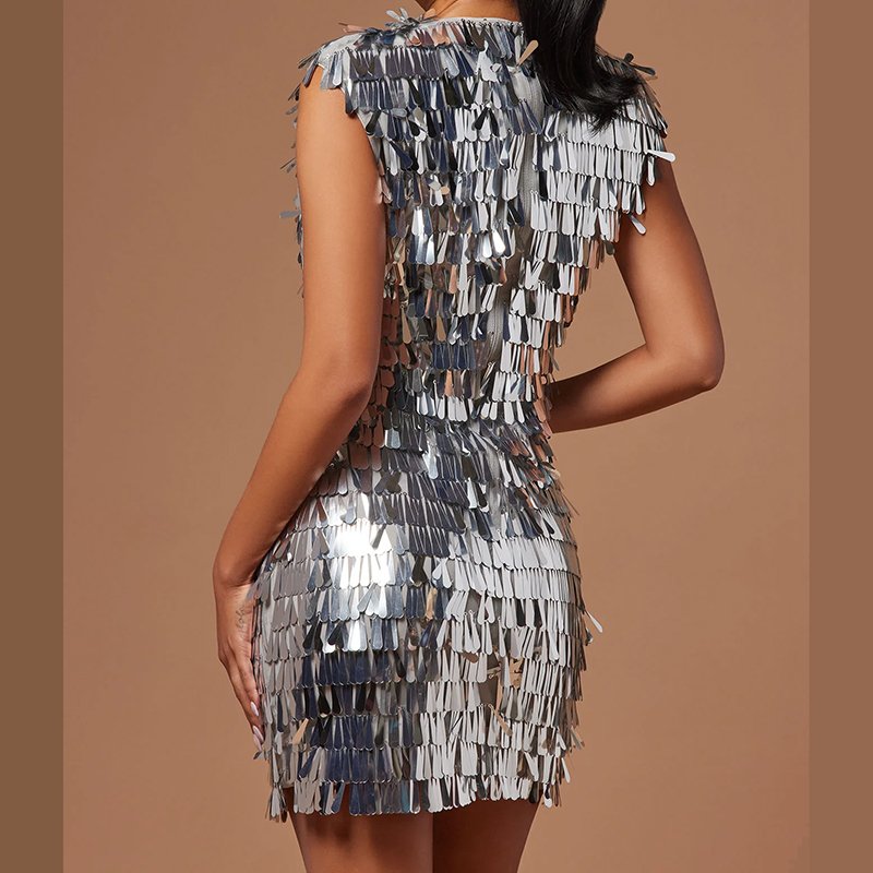 Custom Women's Dress Sequined Design Cap Sleeve V-neck Sequin Dress Party Cocktail Dress For Ladies