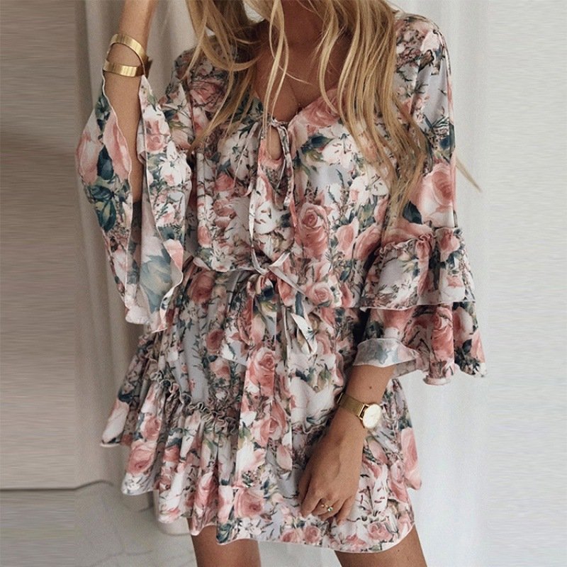Autumn printed women clothing ladies elegant temperament commuter chiffon slim cotton waist skirt women's casual dresses