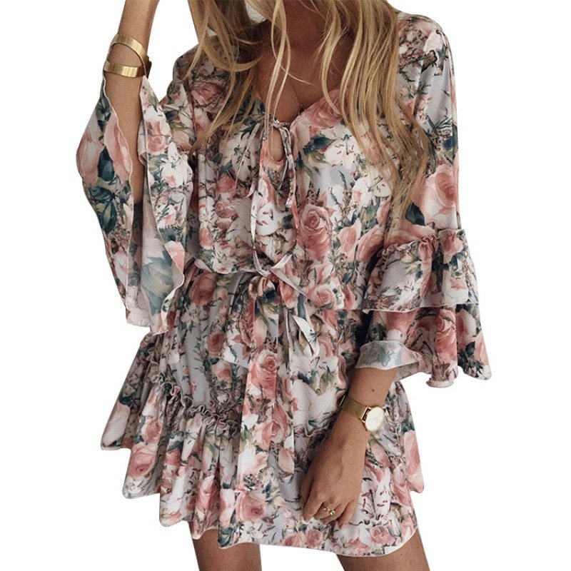 Autumn printed women clothing ladies elegant temperament commuter chiffon slim cotton waist skirt women's casual dresses