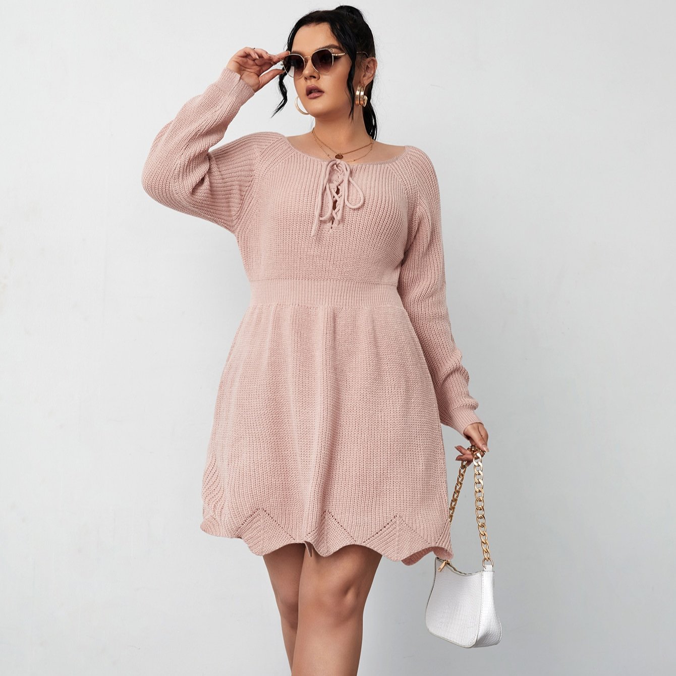 Custom OEM&ODM Fat Womens Knitwear Dress Ladies Lace Up Tie Front Raglan Sleeve Scallop Hem Plus Size Women's Sweater Dresses