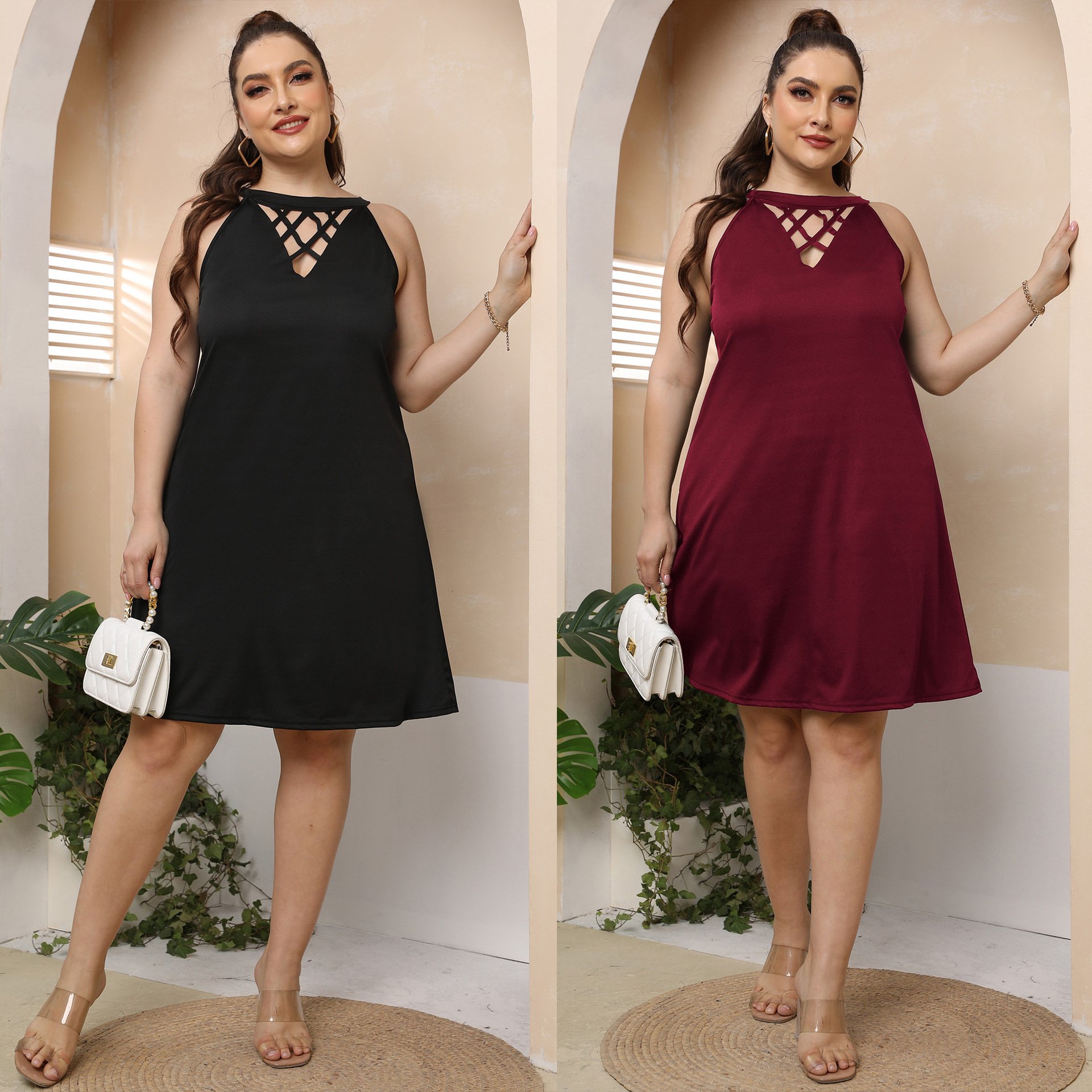 Factory Summer Oversize Plus Size Sexy Hollow Out Sleeveless Casual A Line Dress for Fat Women