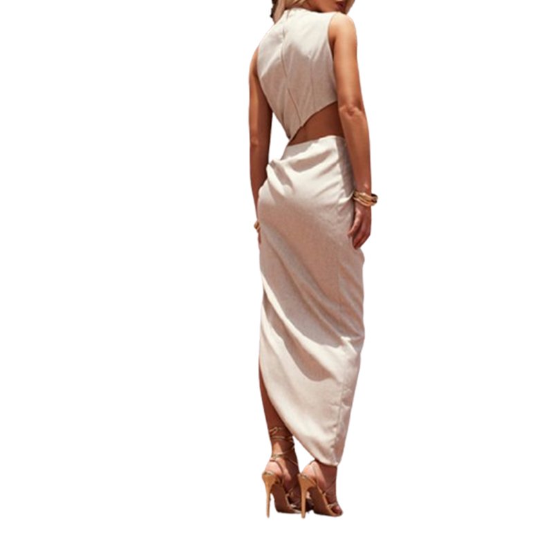 Wholesale New Women's Summer Dress Empire Casual Dresses Split-End White Linen Look Draped Ruched Skirt Maxi Dress