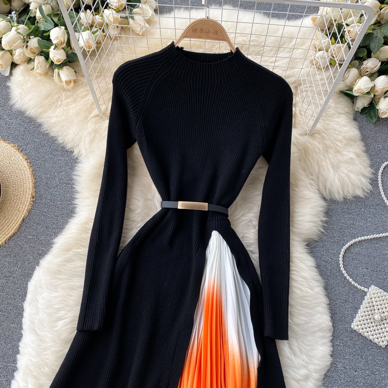 French Elegant Dresses Knitted Long Sleeve Patchwork Gradient Pleated Office Lady Dress Slim Fit Casual Dress Autumn
