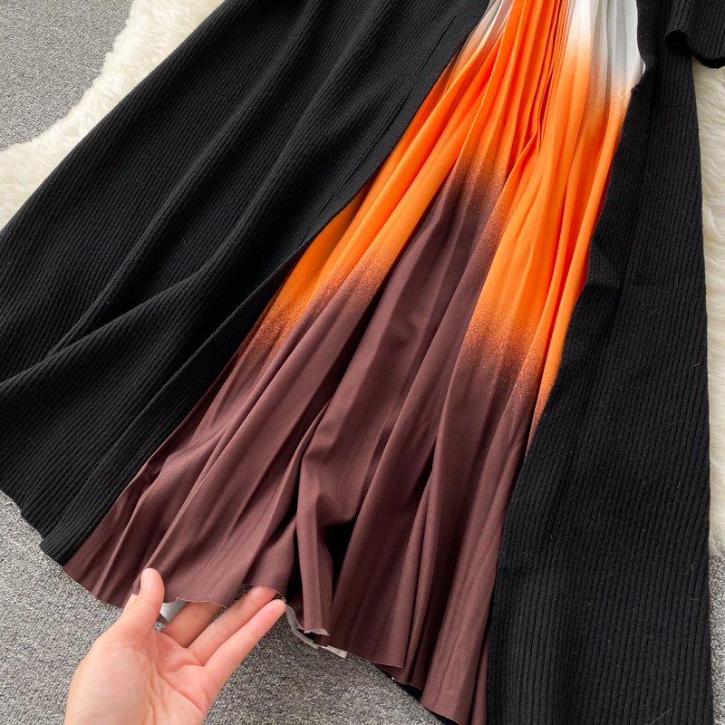 French Elegant Dresses Knitted Long Sleeve Patchwork Gradient Pleated Office Lady Dress Slim Fit Casual Dress Autumn