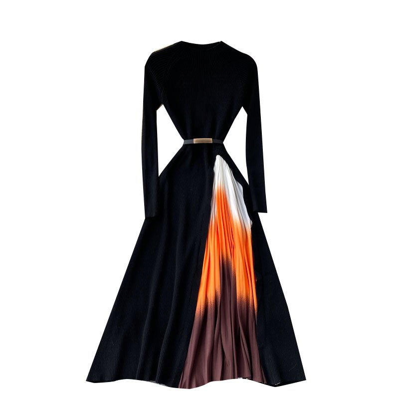 French Elegant Dresses Knitted Long Sleeve Patchwork Gradient Pleated Office Lady Dress Slim Fit Casual Dress Autumn
