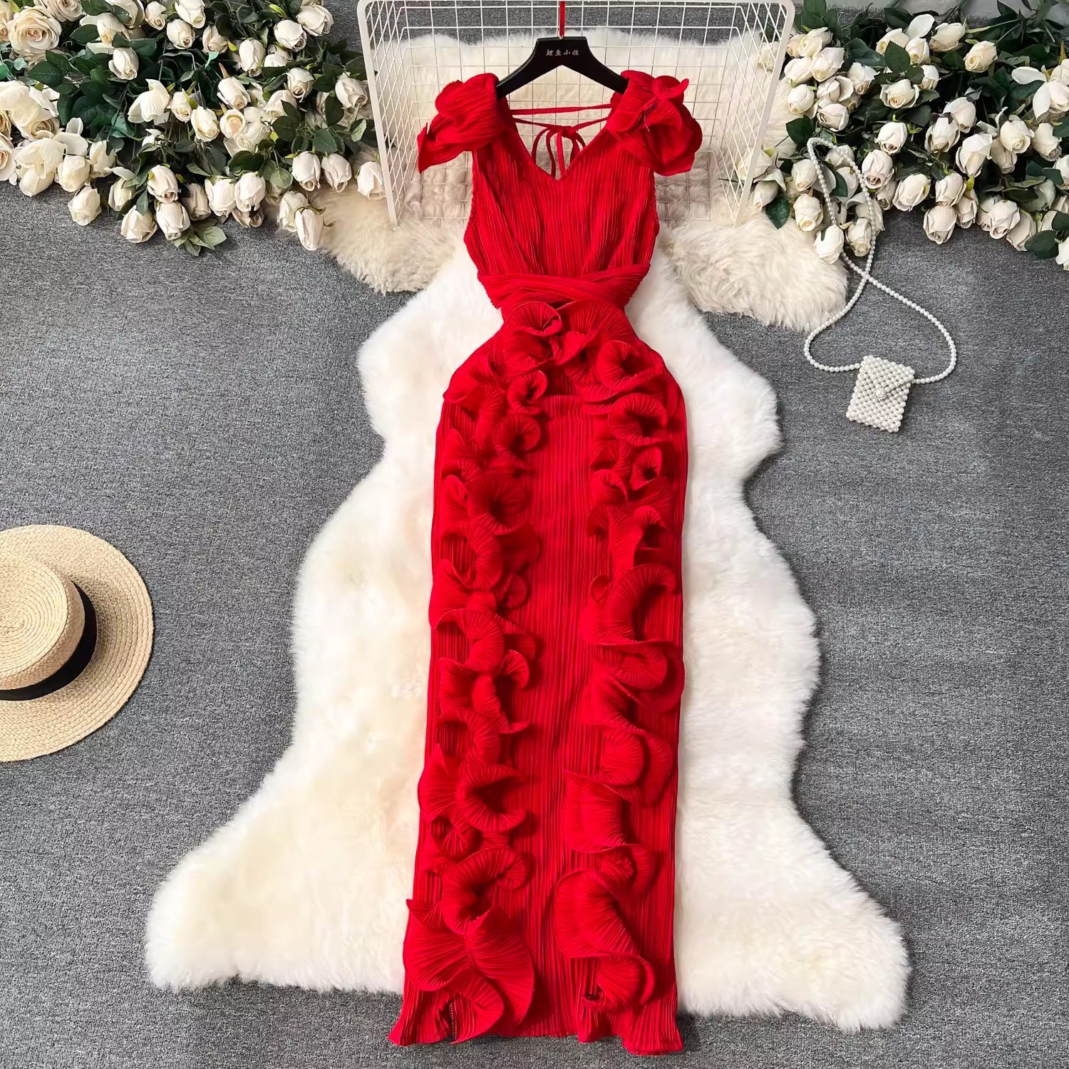 One size Banquet Dress High end light luxury dress Folded three-dimensional ruffled edge dress NO belt