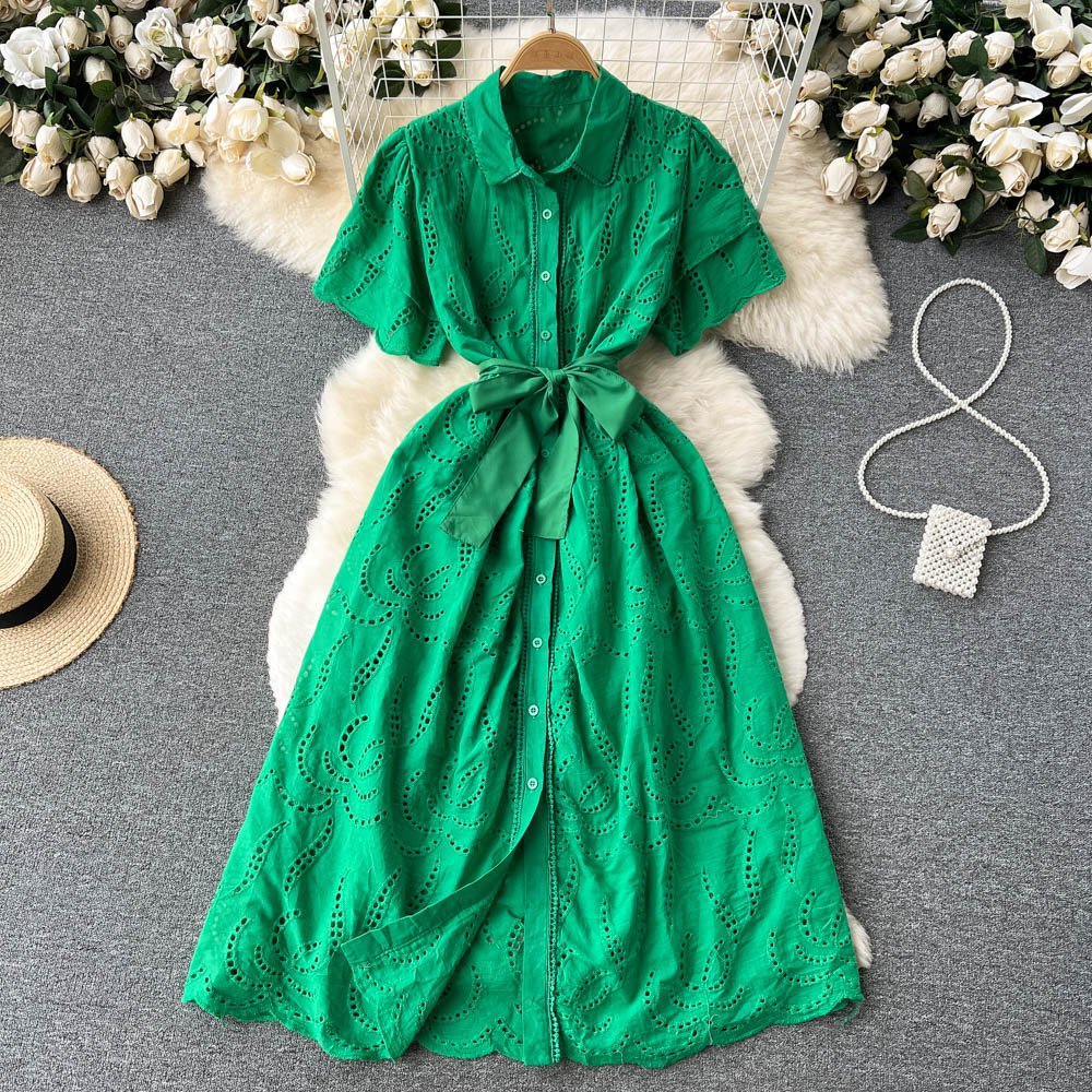 Custom Embroidery Cutout Lady Purple Midi Dress Short Sleeve Summer Sun Casual Cotton Dresses For Women