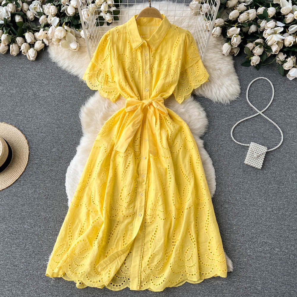 Custom Embroidery Cutout Lady Purple Midi Dress Short Sleeve Summer Sun Casual Cotton Dresses For Women