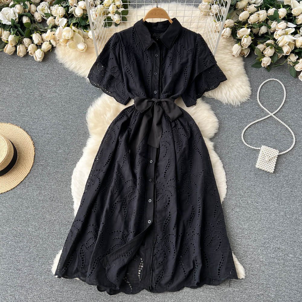 Custom Embroidery Cutout Lady Purple Midi Dress Short Sleeve Summer Sun Casual Cotton Dresses For Women