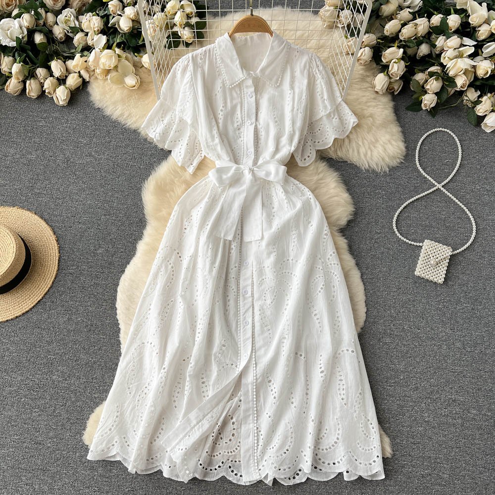 Custom Embroidery Cutout Lady Purple Midi Dress Short Sleeve Summer Sun Casual Cotton Dresses For Women