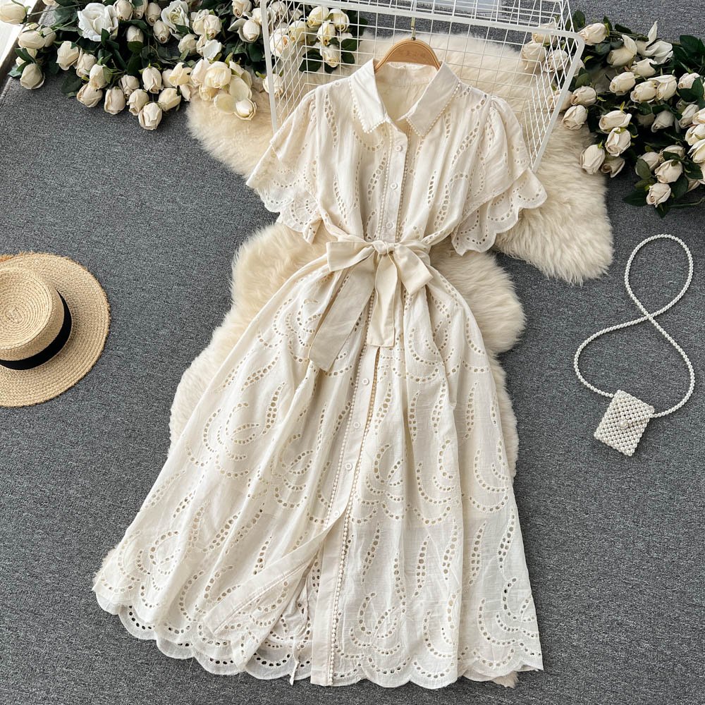 Custom Embroidery Cutout Lady Purple Midi Dress Short Sleeve Summer Sun Casual Cotton Dresses For Women