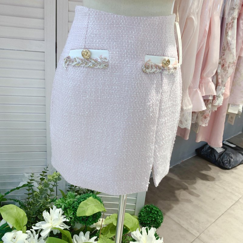New dropshipping hot fashion 2 pieces pink tweed skirt and crop top set for ladies