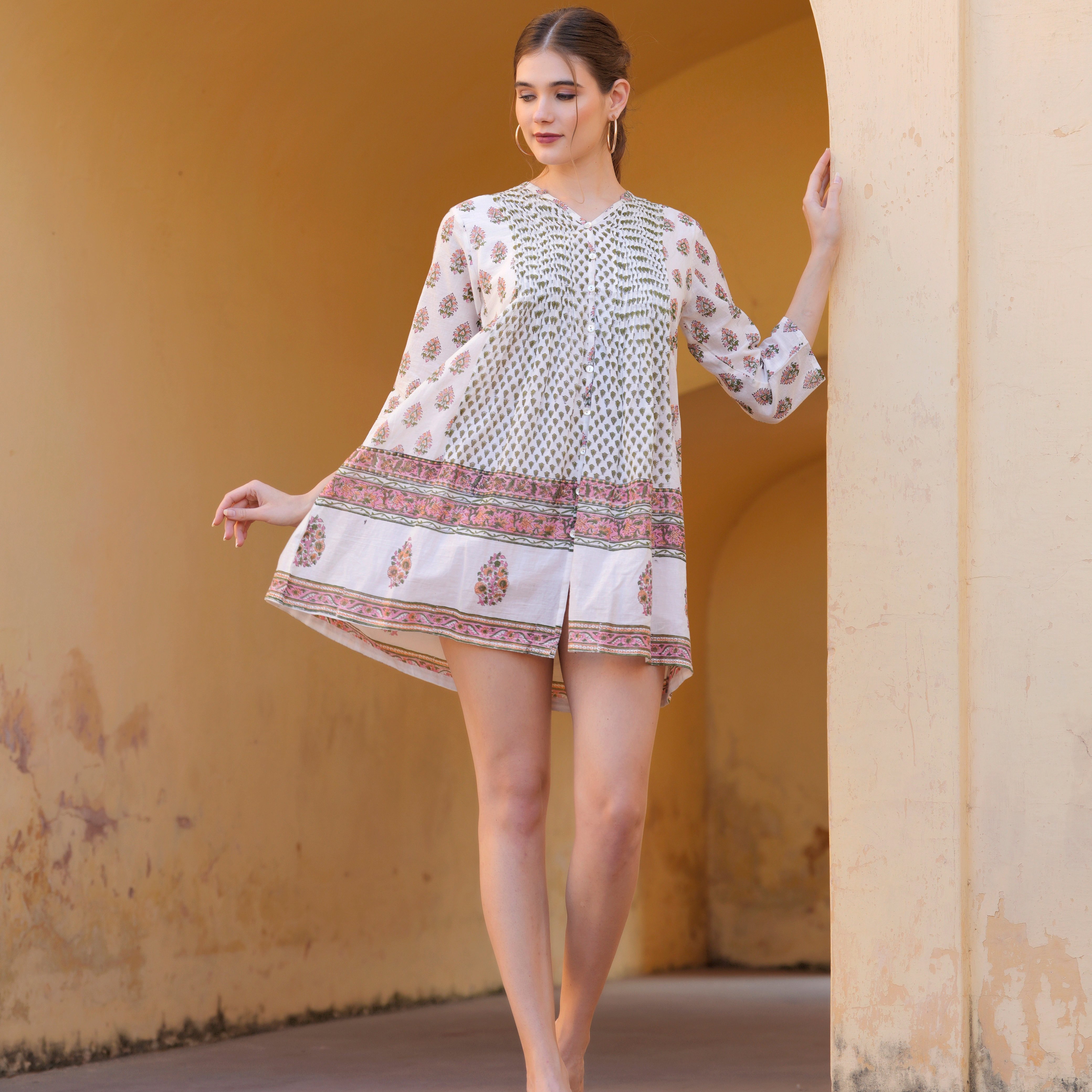 Indian Hand Block Printed 3/4 Puff Sleeved Bohemian Mini Dresses Cotton 2024 Summer Fashion Floral Block Printed Casual Dress