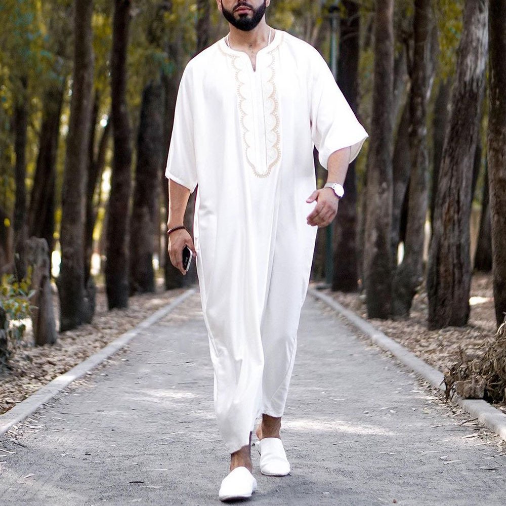 New Style Men loose collarless Islamic Clothing Muslim Arabic Men Linen Thobe jubba casual white Muslim Robe