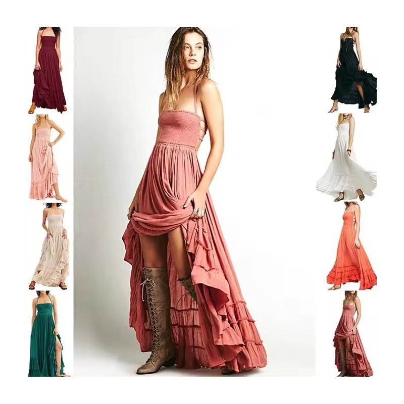 Summer New Boho Crinkly Strapless Maxi Dress Halter Tie Beach Linen Dresses Seam Hem Low Strappy Back Casual Dress