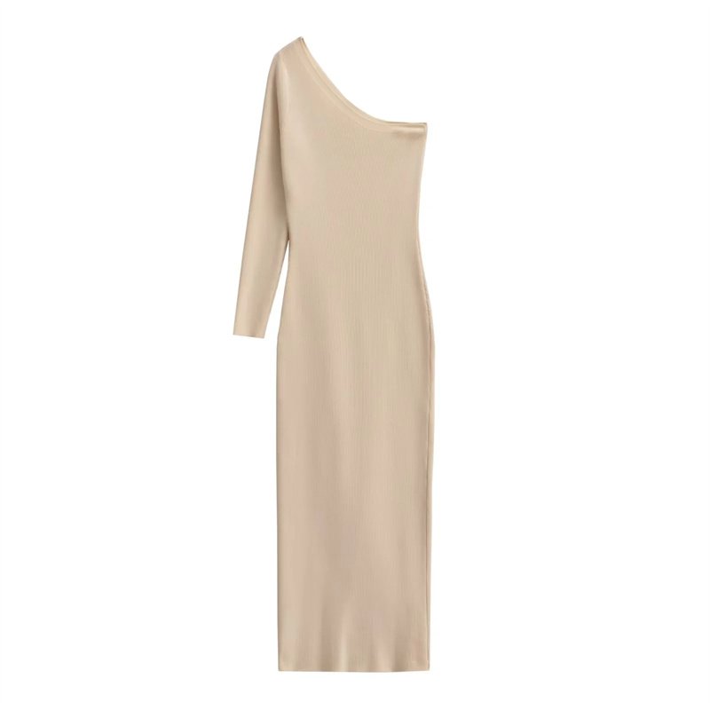 TAOP&ZA 2023 New Fashion Casual Asymmetric Collar Single Long Sleeve Solid Color Slim Slit Elegant Knitted Dress