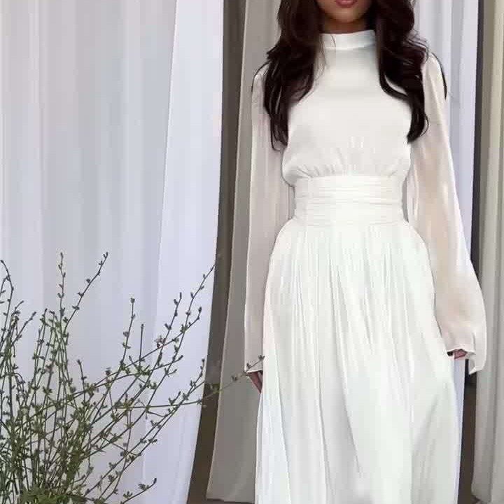 Autumn New Fashionable French Round Neck Waist Fold Light Luxury Style Dress