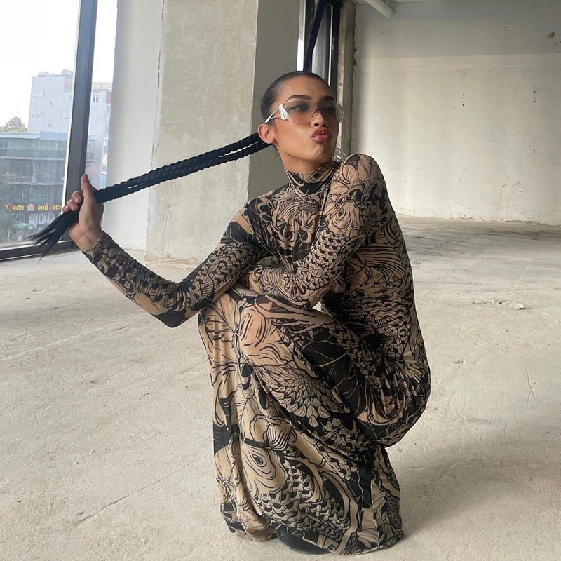 2024 Wholesale summer sexy dress casual elegan Mesh print see through long dresses women