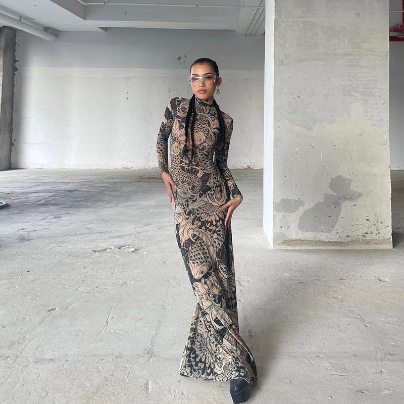 2024 Wholesale summer sexy dress casual elegan Mesh print see through long dresses women